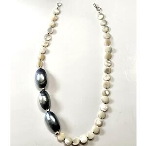 Artisan MOP/Shell/Seed Bead Asymmetrical Necklace 925 Accents Hook Clasp Beachy